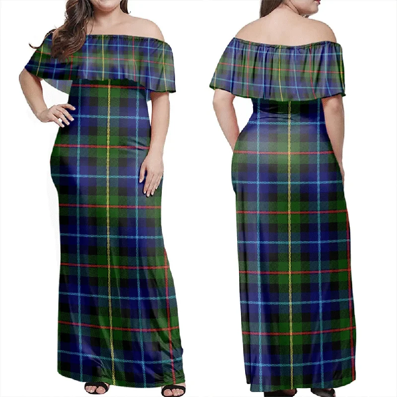 Smith Modern Tartan Off Shoulder Long Dress Tunics Trendy modern