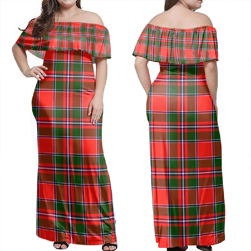 Spens Modern Tartan Off Shoulder Long Dress Tunics Luxurious high-end