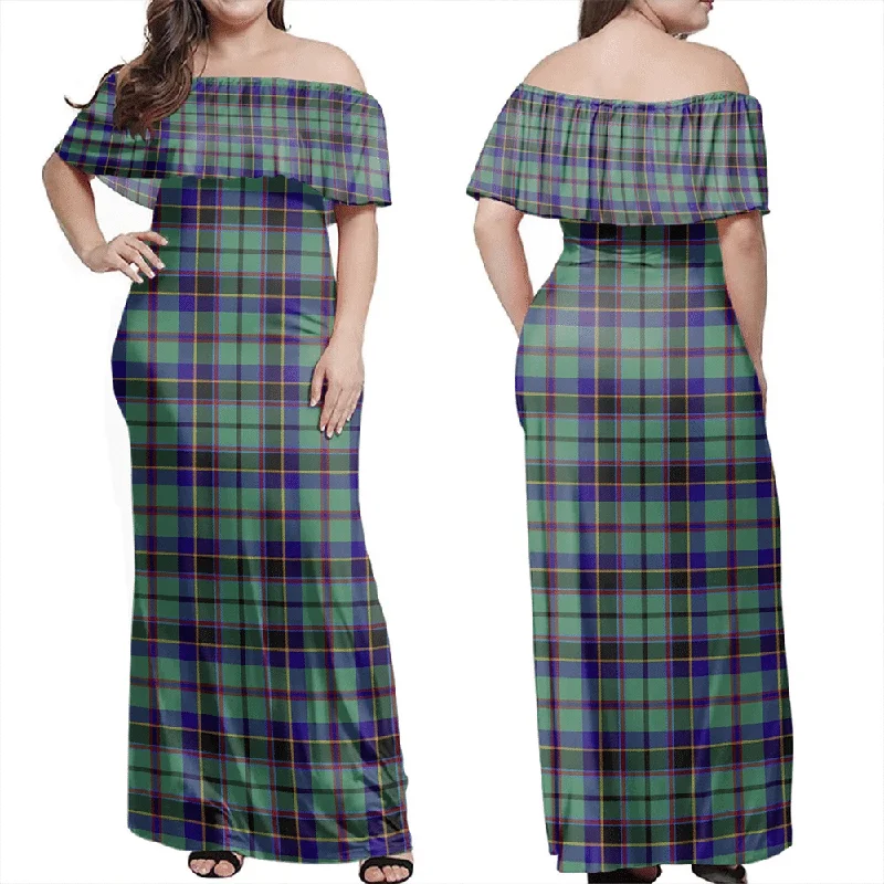 Stevenson Tartan Off Shoulder Long Dress Elegant Long Evening