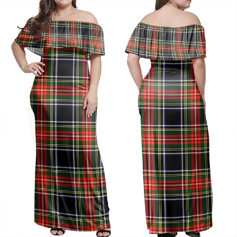 Stewart Black Tartan Off Shoulder Long Dress Maxi Flowy Bohemian