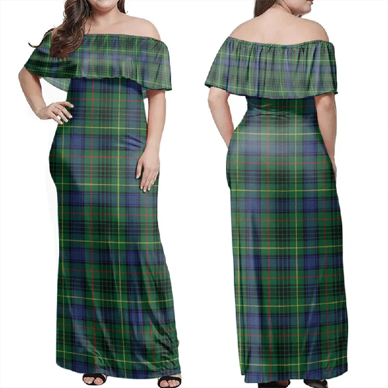 Stewart Hunting Modern Tartan Off Shoulder Long Dress empire Waist empire