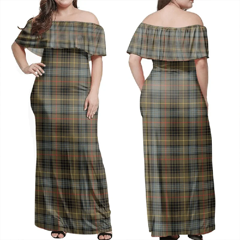 Stewart Hunting Weathered Tartan Off Shoulder Long Dress Boatneck Modish Everyday
