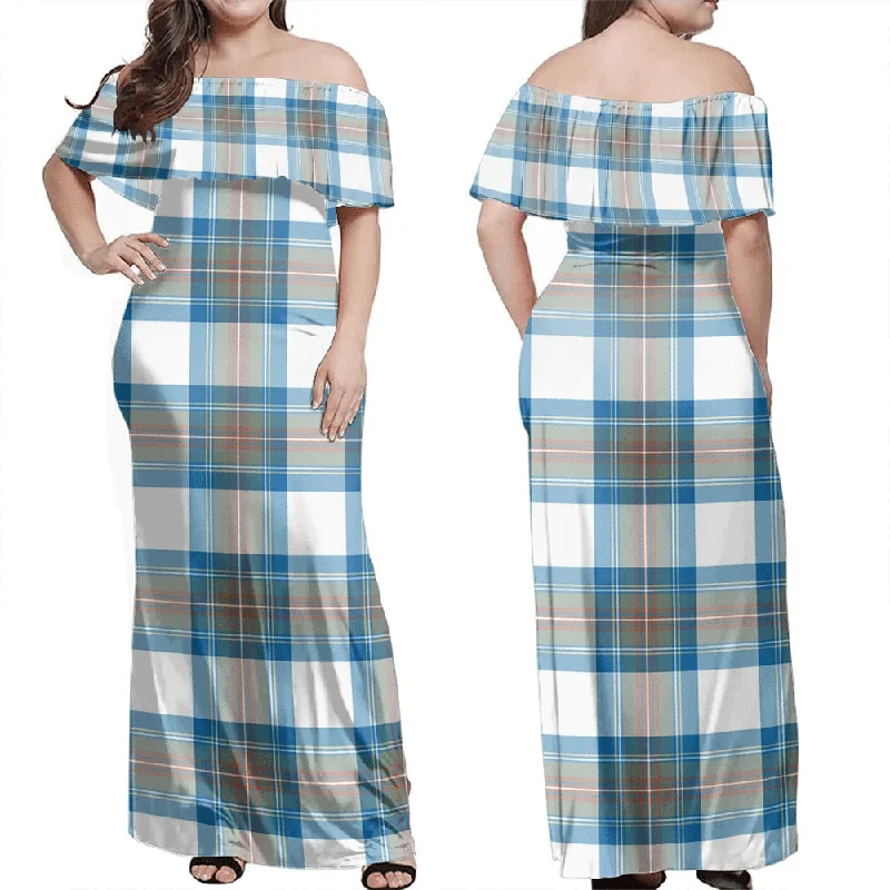 Stewart Muted Blue Tartan Off Shoulder Long Dress Square Neckline Feminine