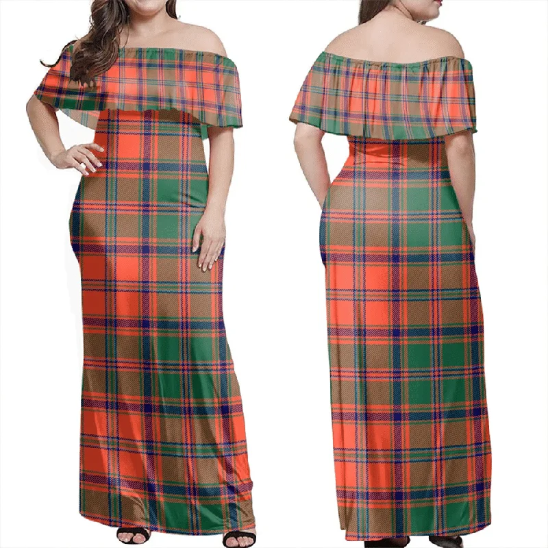 Stewart Of Appin Ancient Tartan Off Shoulder Long Dress Crew Neckline Sporty