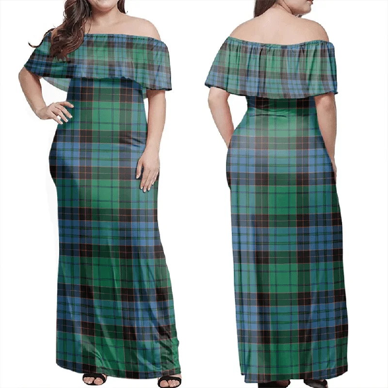 Stewart Old Ancient Tartan Off Shoulder Long Dress Tunics Long Elegant