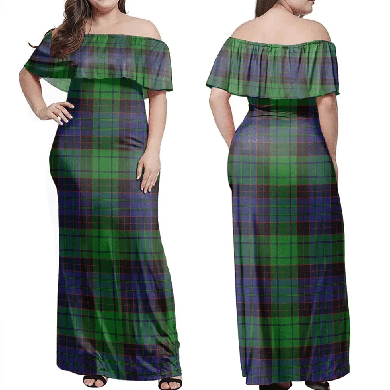 Stewart Old Modern Tartan Off Shoulder Long Dress Tunics Short Trendy
