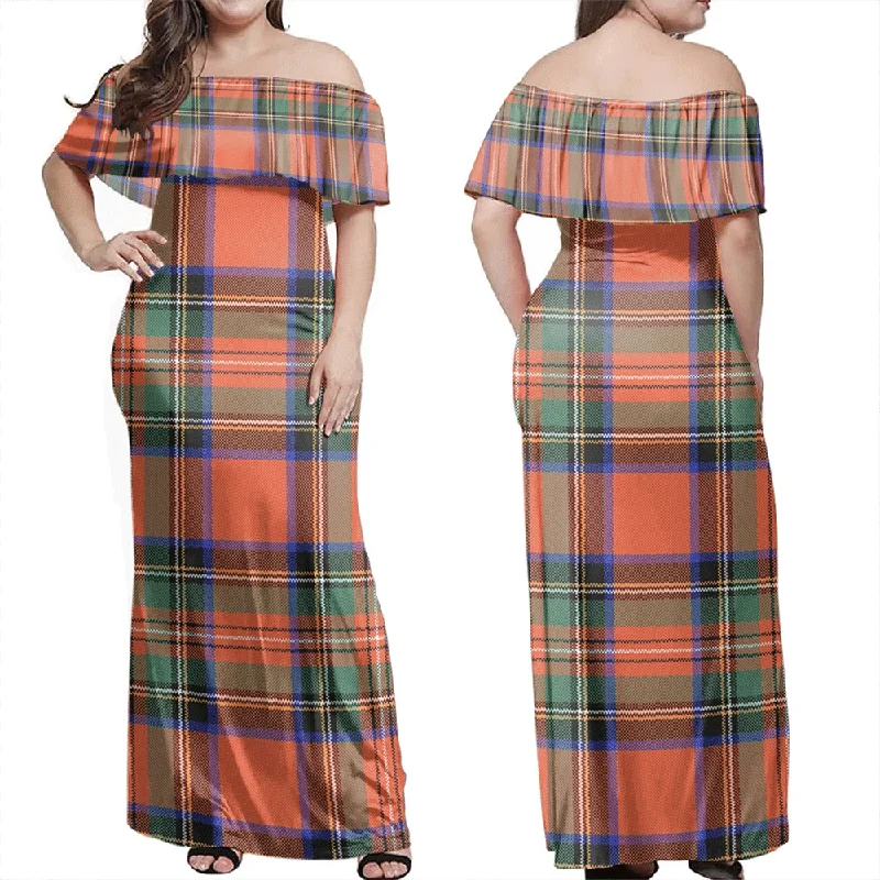 Stewart Royal Ancient Tartan Off Shoulder Long Dress Tunics stripes playful