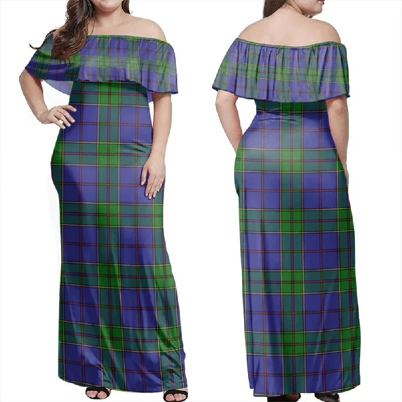 Strachan Tartan Off Shoulder Long Dress Tunics Velvet soft