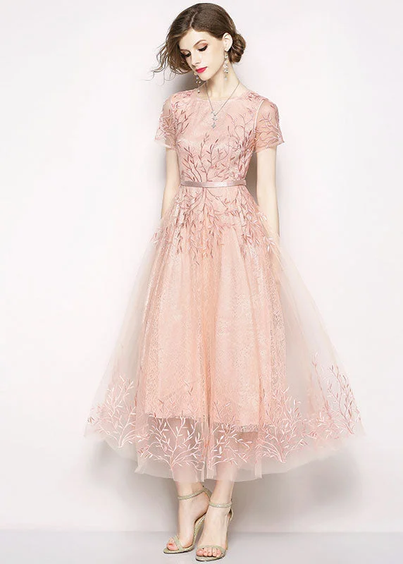 Style Pink Embroideried Tulle Long Dress Short Sleeve A-Line Day Work