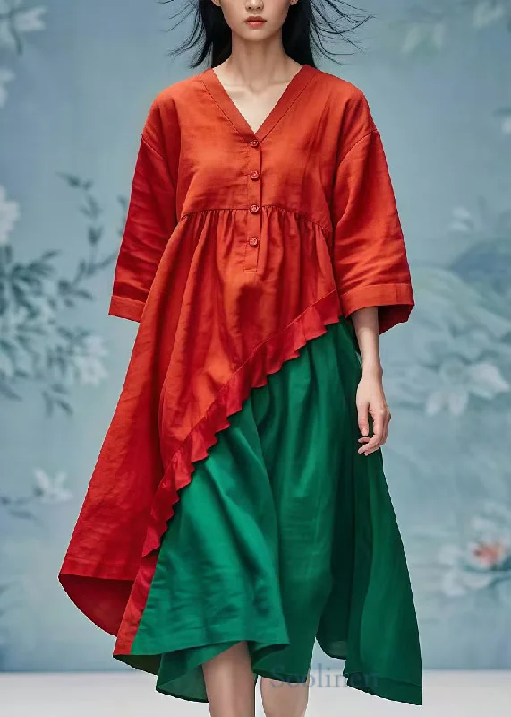 Style Red V Neck Patchwork Cotton Long Dresses Summer Tunics Formal black