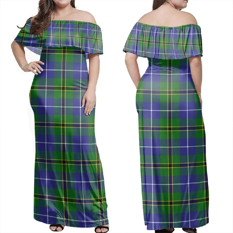 Turnbull Hunting Tartan Off Shoulder Long Dress Tunics Fall fleece