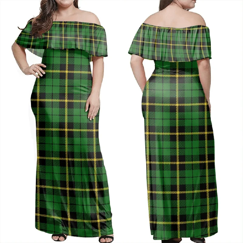 Wallace Hunting Green Tartan Off Shoulder Long Dress Tunics Trendy modern