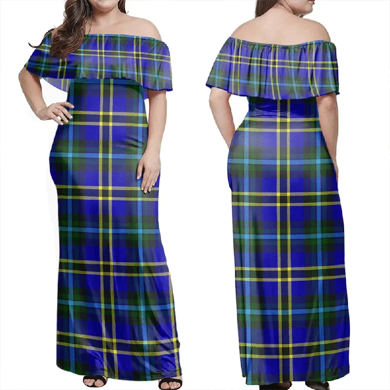 Weir Modern Tartan Off Shoulder Long Dress Tunics Fashionable chic