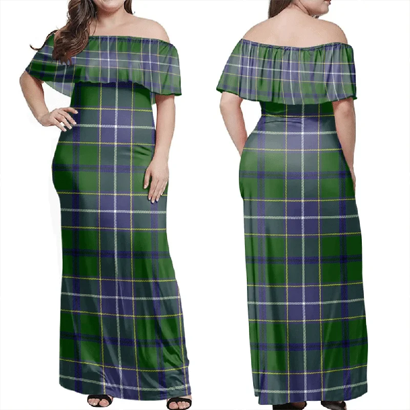Wishart Hunting Modern Tartan Off Shoulder Long Dress Maxi Flowy Bohemian
