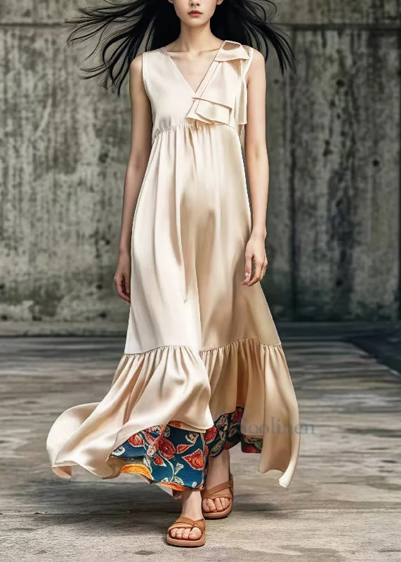 Women Khaki V Neck Patchwork Draping Silk Long Dress Summer Tunics Satin smooth