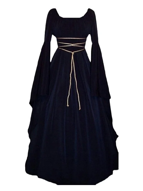 Women‘s Halloween Dress Swing Dress Black Dress Maxi long Dress Black White Wine Long Sleeve Pure Color Lace up Fall Winter Autumn Round Neck Stylish Winter Dress Fall Dress 2023 Tunics Fall fleece