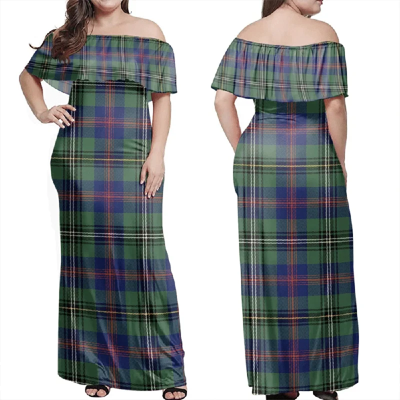 Wood Modern Tartan Off Shoulder Long Dress Pencil Office Professional