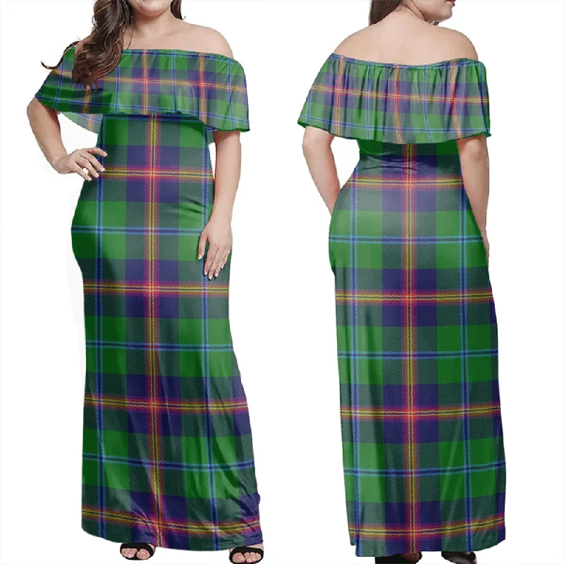 Young Modern Tartan Off Shoulder Long Dress Shift Classic Vintage