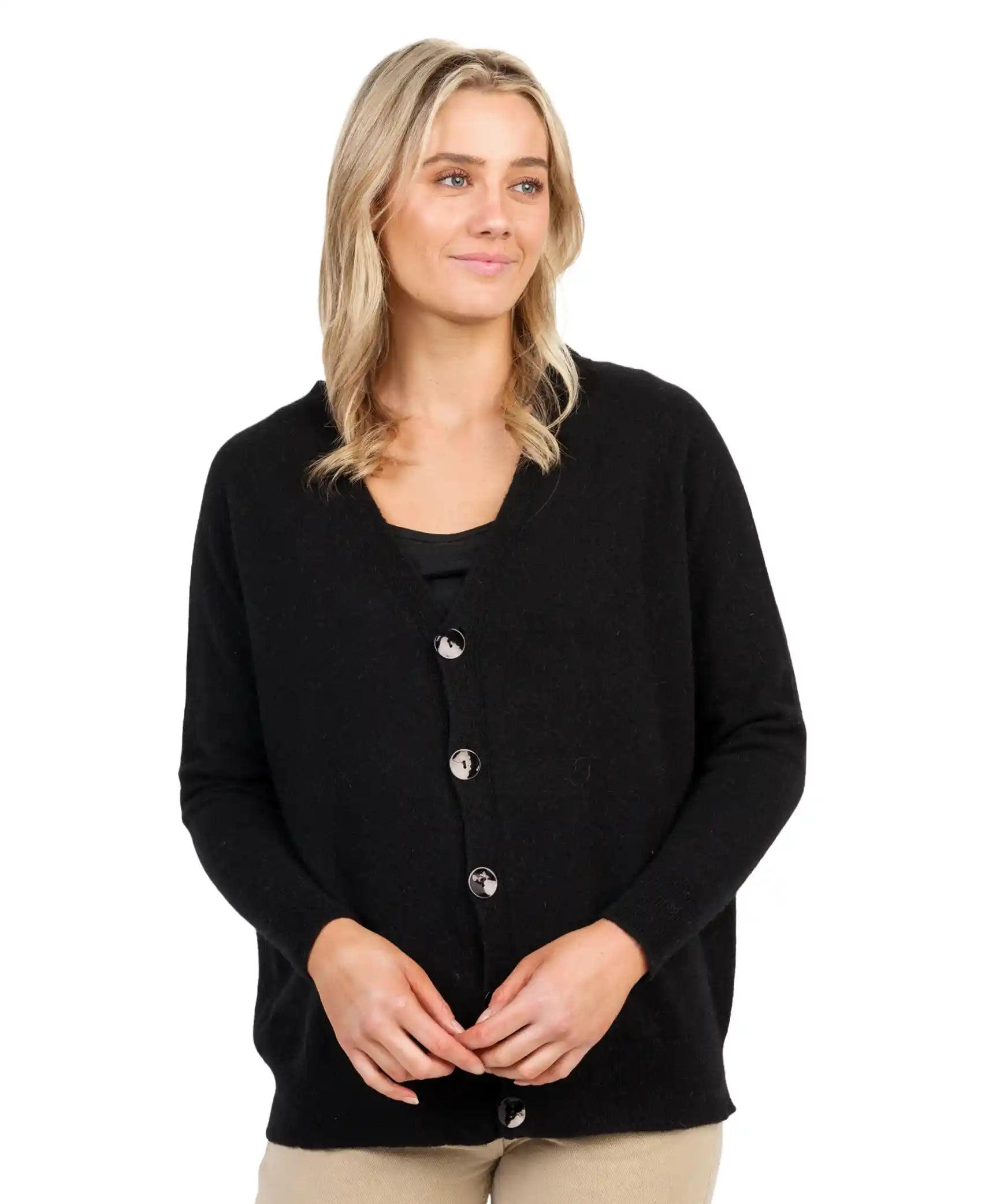 Black Women's Relaxed Cardigan - NB851 Patchwork Embroidered Appliqued