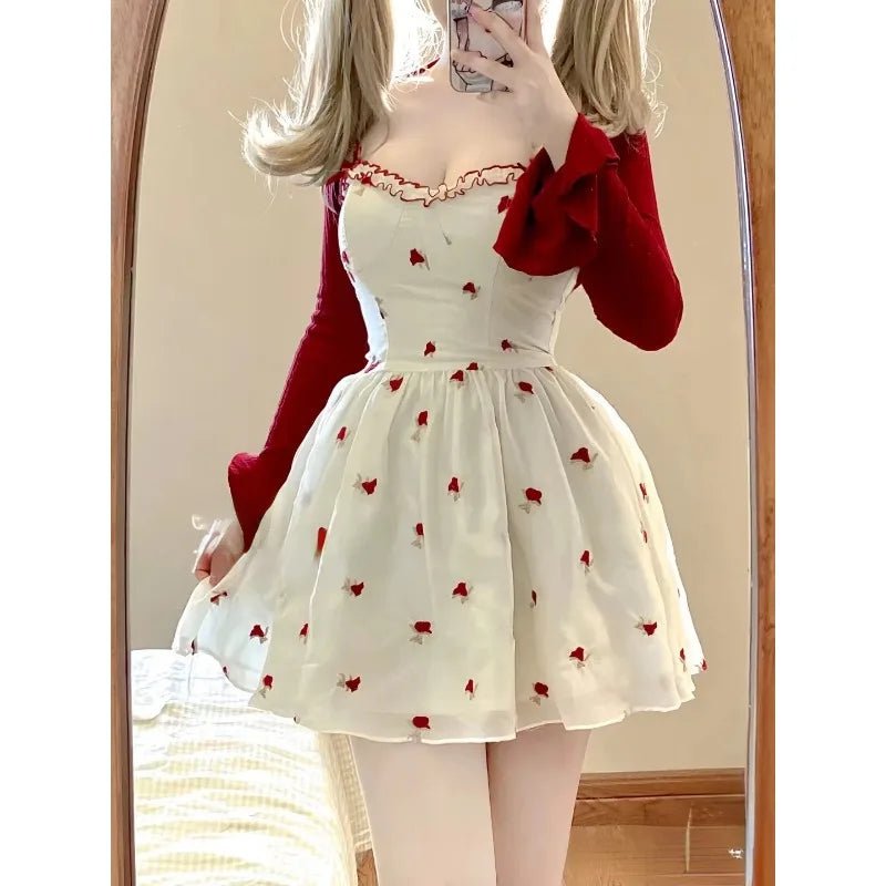 Kawaii 2 Piece Mini Dress Set – Floral Sleeveless Dress with Cardigan Rayon Fabric Velvet Fabric Corduroy Fabric Kawaii 2 Piece Mini Dress Set – Floral Sleeveless Dress with Cardigan Rayon Fabric Velvet Fabric Corduroy Fabric