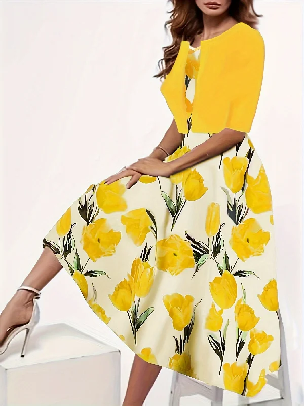 Nine 11 Elegant Daily Two-piece Set, Solid Open Front Cardigan & Floral Print V Neck Dress Outfits, Women's Clothing Open Front Closed Front Wrap Front Nine 11 Elegant Daily Two-piece Set, Solid Open Front Cardigan & Floral Print V Neck Dress Outfits, Women's Clothing Open Front Closed Front Wrap Front