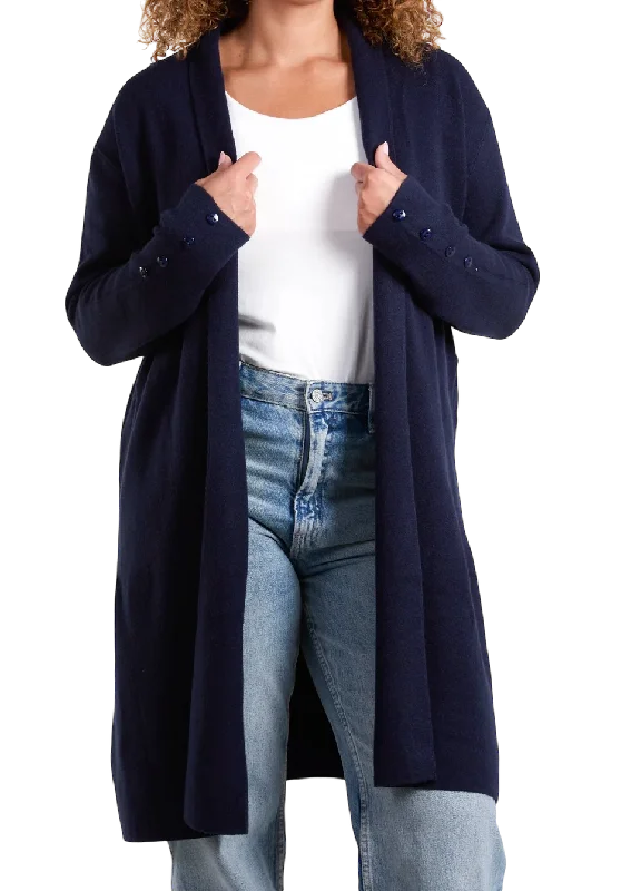 Plain Long Cardigan with Pockets And Button Sleeve Detail (2 Colours) Elegant Classic Vintage
