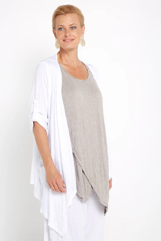Teegan Crush Cardigan - White Front Pockets Side Pockets Patch Pockets