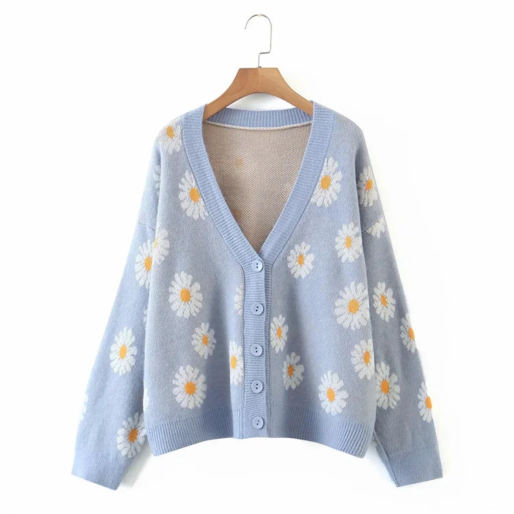 White Daisy on Blue Cardigan V-Neck Sweater Cable Knit Ribbed Knit Lace Knit