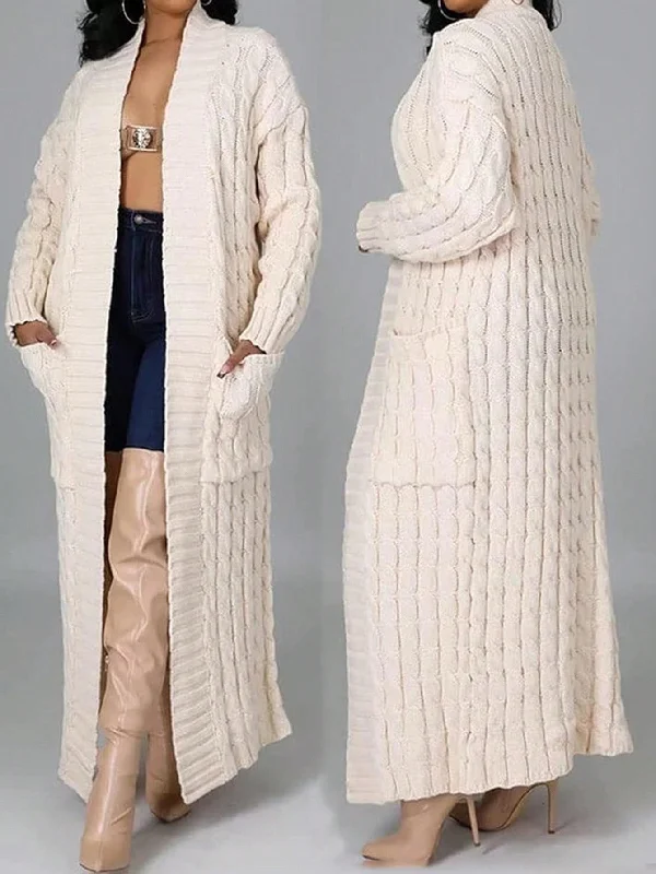 Women Casual White Apricot Long Knitted Cardigan-Z, Long Sleeve Wool Fabric Cashmere Fabric Tweed Fabric