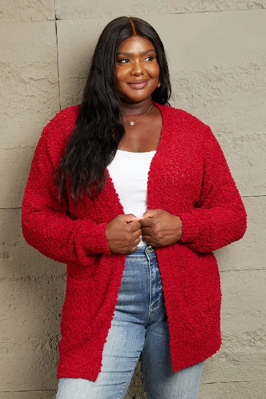 Zenana Falling For You Full Size Open Front Popcorn Cardigan Denim Fabric Leather Fabric Suede Fabric