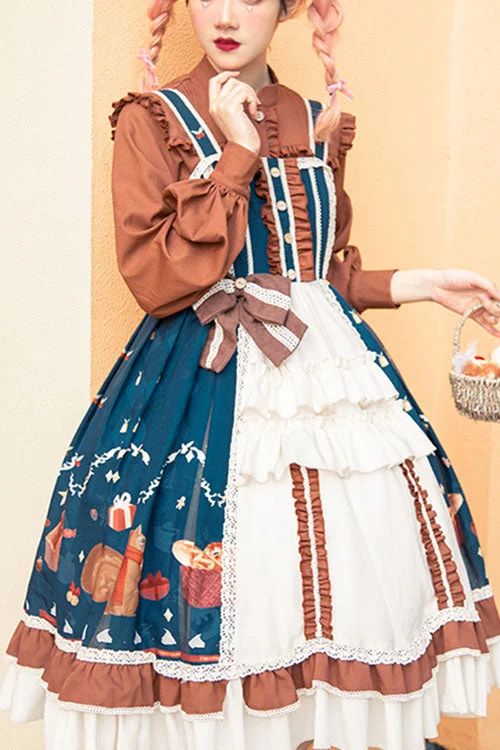 Blue/Brown Christmas Bread Squirrel Gift Print Cardigan Bowknot Multi-Layer Ruffled Sweet Lolita JSK Dress Zippered Buttoned Snapped