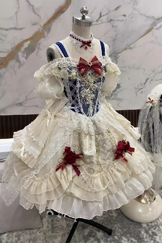 Blue/Ivory Snow White Off Shoulder Ruffle Cardigan Bowknot Lace Sweet Gorgeous Lolita Dress Toggled Drawstring Belted Blue/Ivory Snow White Off Shoulder Ruffle Cardigan Bowknot Lace Sweet Gorgeous Lolita Dress Toggled Drawstring Belted