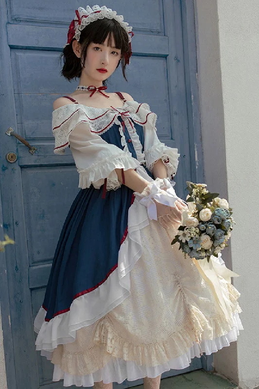 Blue/White Long Sleeves Cardigan Bowknot Sweet Lolita Dress Mesh Fabric Canvas Fabric Denim Fabric