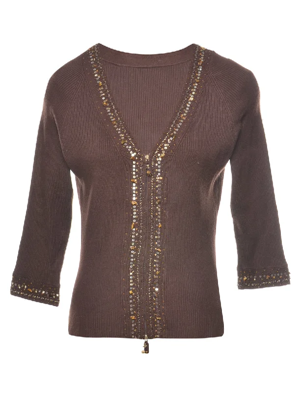 Dark Brown Sequined Cardigan - S Casual Formal Business