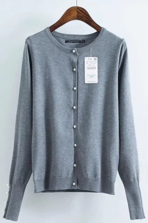 Grey Cardigan with Pearl Buttons Mesh Blend Leather Blend Suede Blend