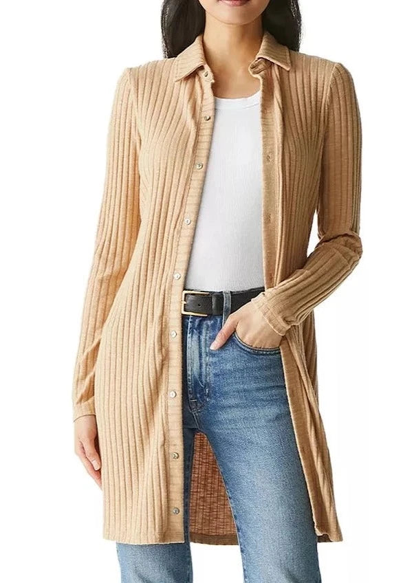 Kayla Button Down Cardigan Dress- Cashew Lace Blend Ribbed Blend Corduroy Blend