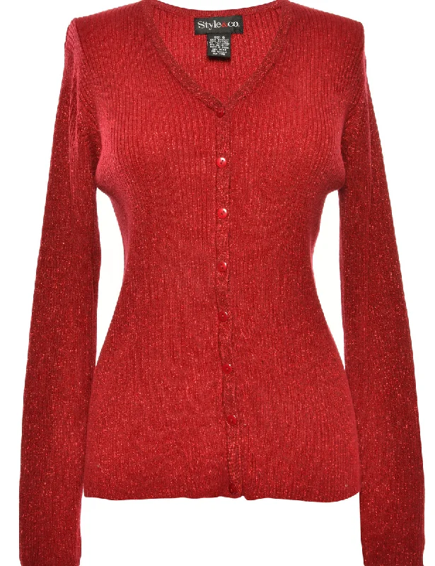 Lurex Thread Pattern Red Cardigan - S Solid Color Striped Floral Print