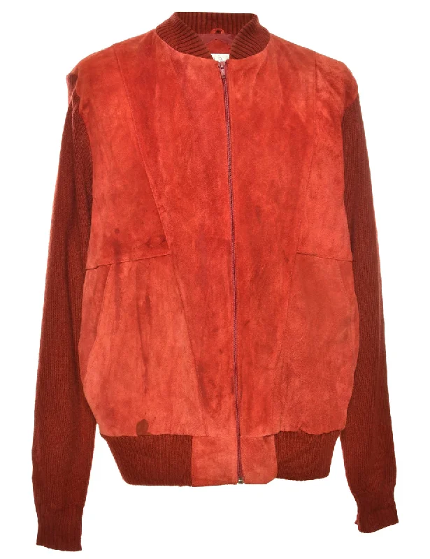 Maroon Zip-Front Suede Detail Cardigan - M Notch Collar Peter Pan Collar Cowl Neck