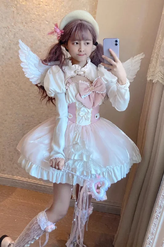 Pink/White [Magical Girl] Ruffle Cardigan Bowknot Sweet Princess Lolita Jsk Dress Faux Fur Fabric Real Fur Fabric Shearling Fabric