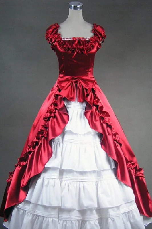 Red/White Cotton Square Collar Cap Sleeves Floor Length Pleats Bowknot Cardigan Victorian Gothic Lolita Dress Real Fur Shearling Chenille