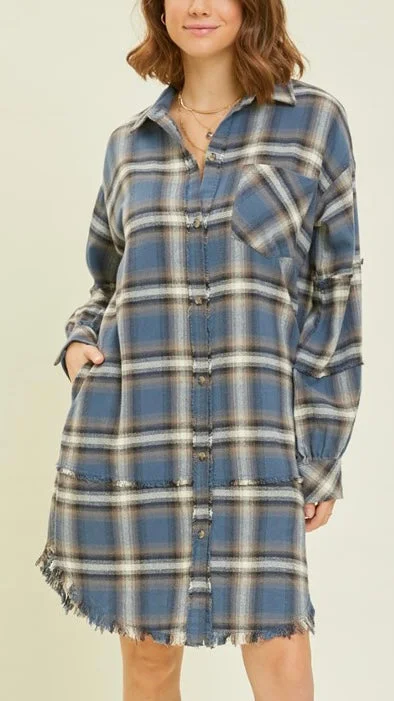 Washed Plaid Raw Edge Shirt Dress / Cardigan Fitted Loose Oversized