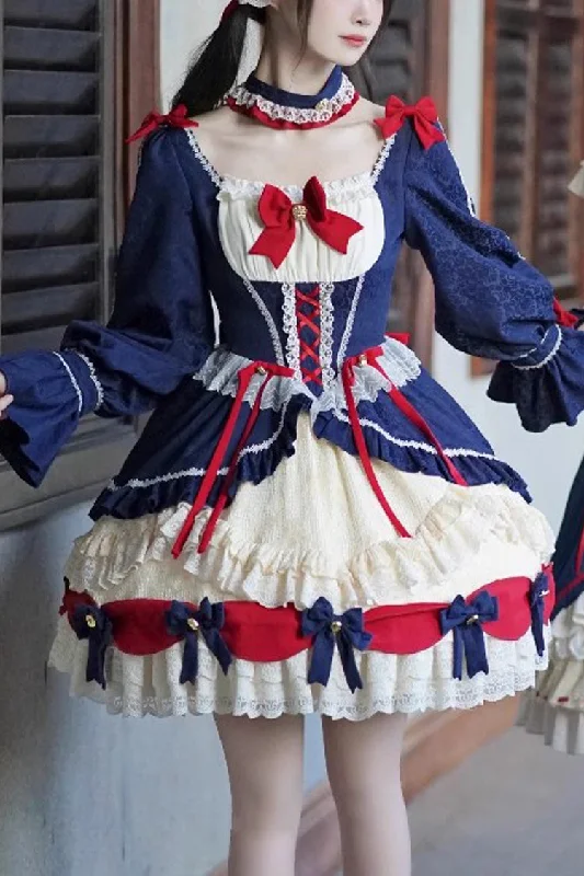 White/Blue Snow White Love Song Ruffle Cardigan Bowknot Short Sweet Lolita Dress Crew Neck V-Neck Turtle Neck