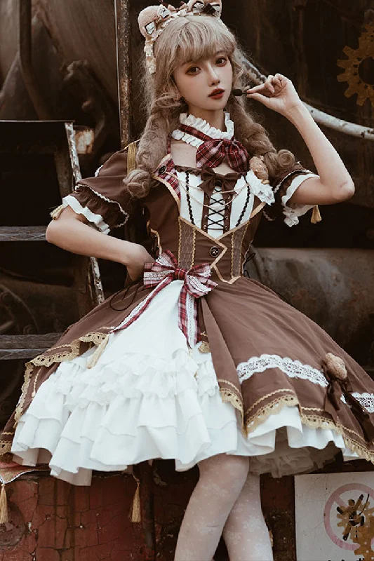 White/Brown Bear Detective Short Sleeves Ruffle Cardigan Bowknot Gothic Punk Lolita Dress Front Pockets Side Pockets Patch Pockets White/Brown Bear Detective Short Sleeves Ruffle Cardigan Bowknot Gothic Punk Lolita Dress Front Pockets Side Pockets Patch Pockets