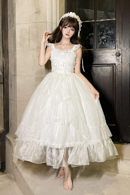 White [Moonlight Sonata] Ruffle Cardigan Bowknot Lace Sweet Vintage Lolita Jsk Dress Satin Fabric Silk Fabric Chiffon Fabric