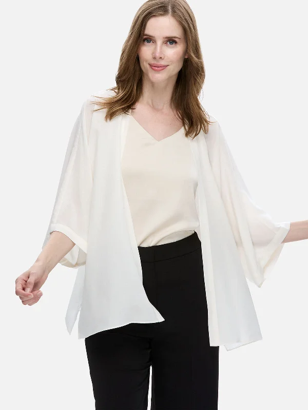 White Silk Relax Cardigan Houndstooth Herringbone Solid