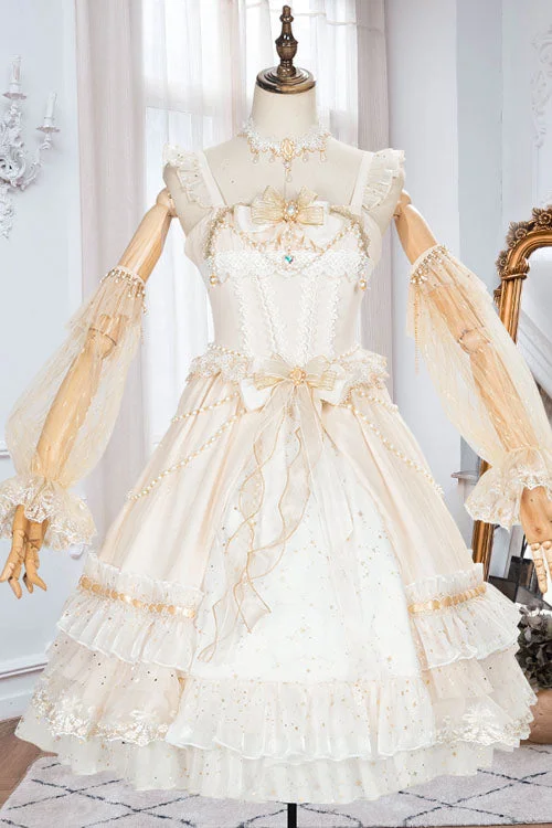 White Starry Night Square Collar Bowknot Multi-Layer Ruffled Cardigan Sweet Lolita JSK Dress Beaded Cardigan Sequined Faux Fur