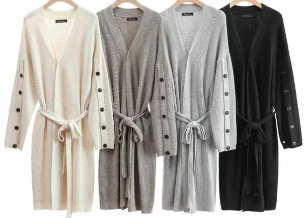 Long Ribbed Black Button Cardigan Tailored Straight A-Line