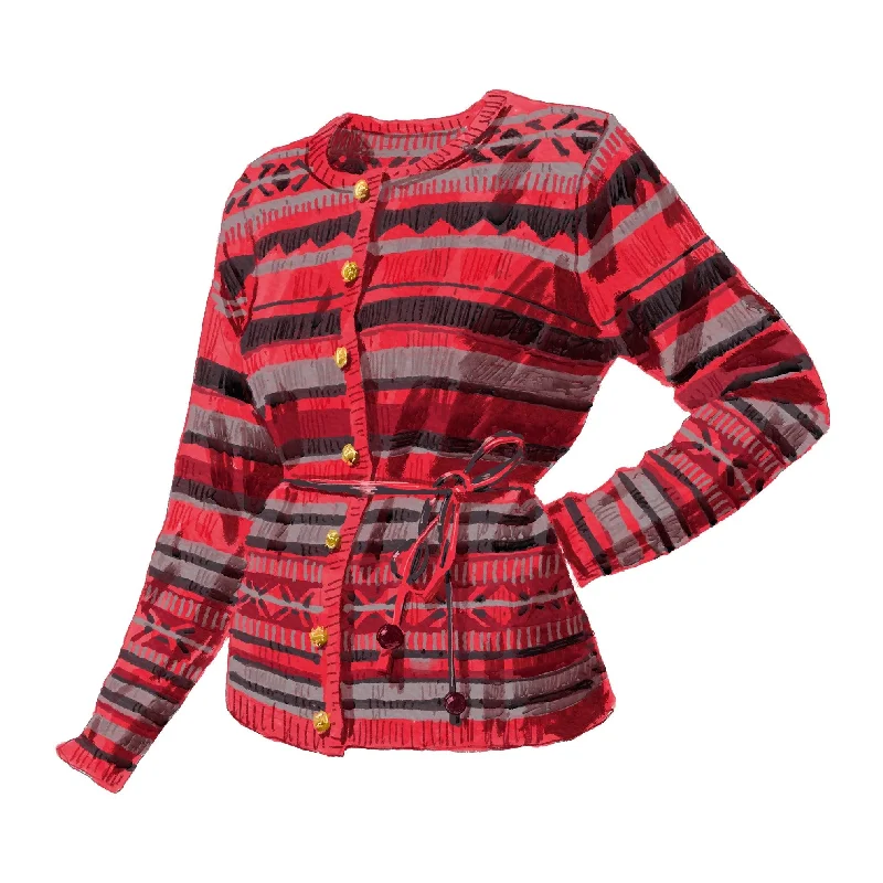 Fair Isle Belted Cardigan Boat Neck Shawl Collar Notched Collar