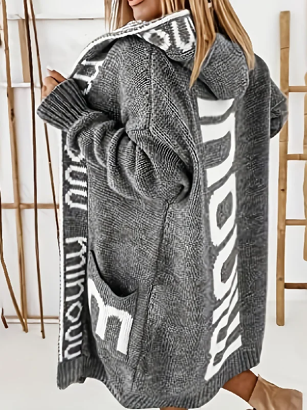 Premium Women's Knitted Cardigan with Waterfall Collar - Trendy Letter Print Faux Fur Fabric Real Fur Fabric Shearling Fabric