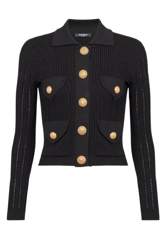 Buttoned Cardigan - Noir Rayon Fabric Velvet Fabric Corduroy Fabric